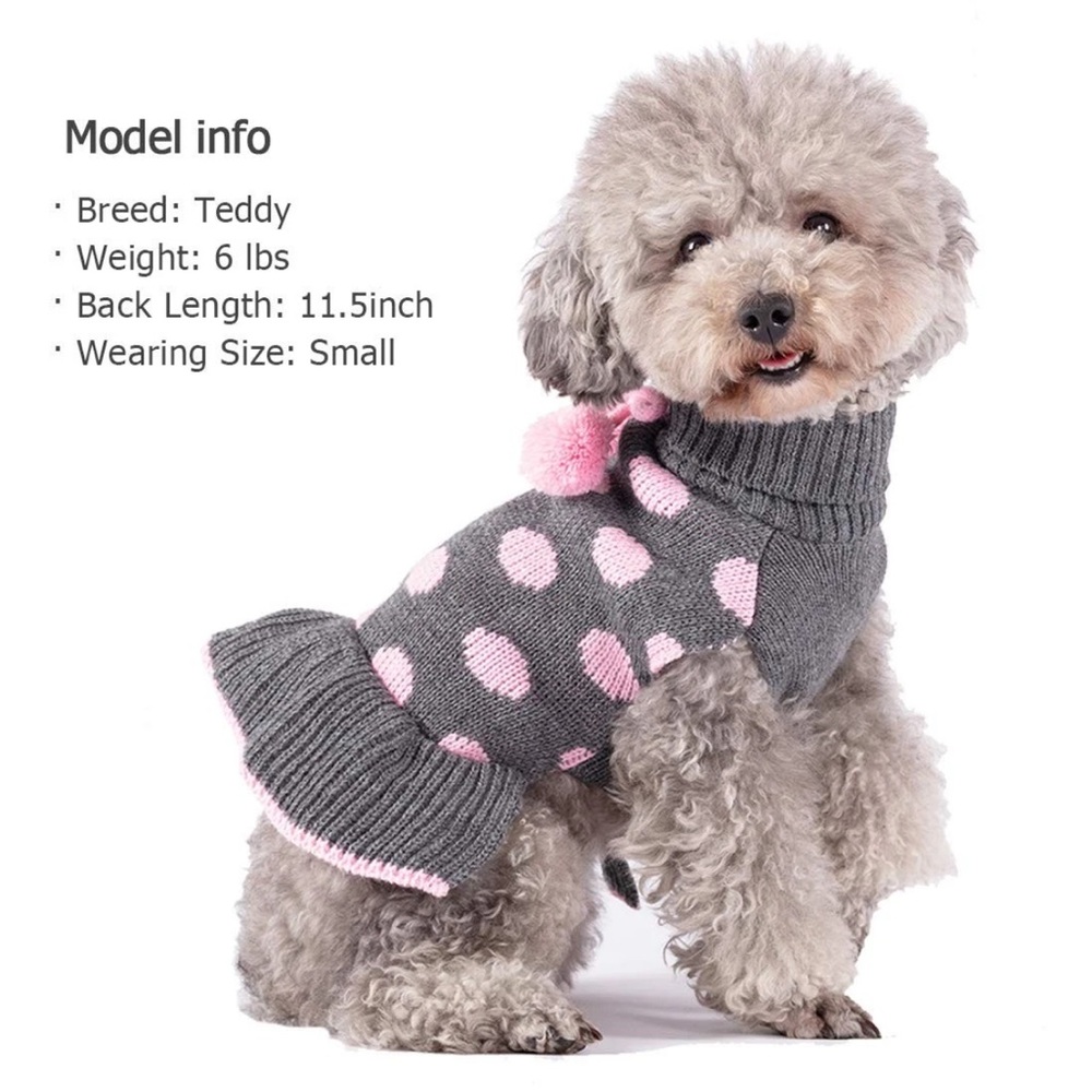 KYEESE Dog Sweater dress Grey/Pink Polka Dot w/ PomPom Size Small